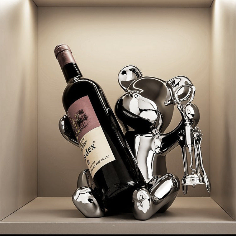 Aurora Arc™ – Modern Luxury Chrome Bear Wine Holder with Corkscrew Sculpture