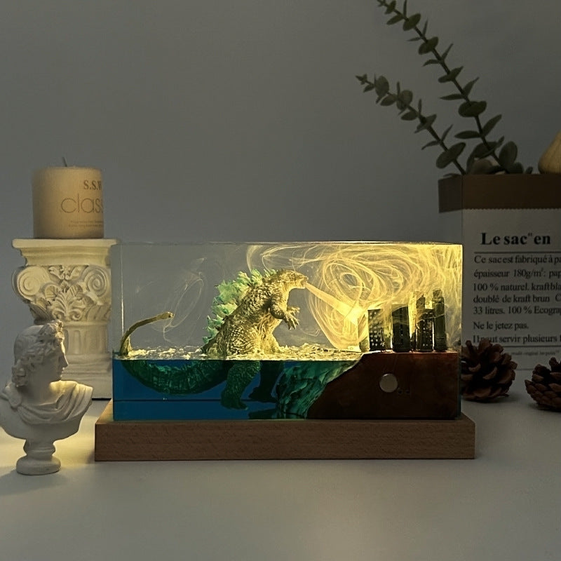 Kyushu™ – Handcrafted Resin Godzilla Ambient Lamp with Cityscape Base