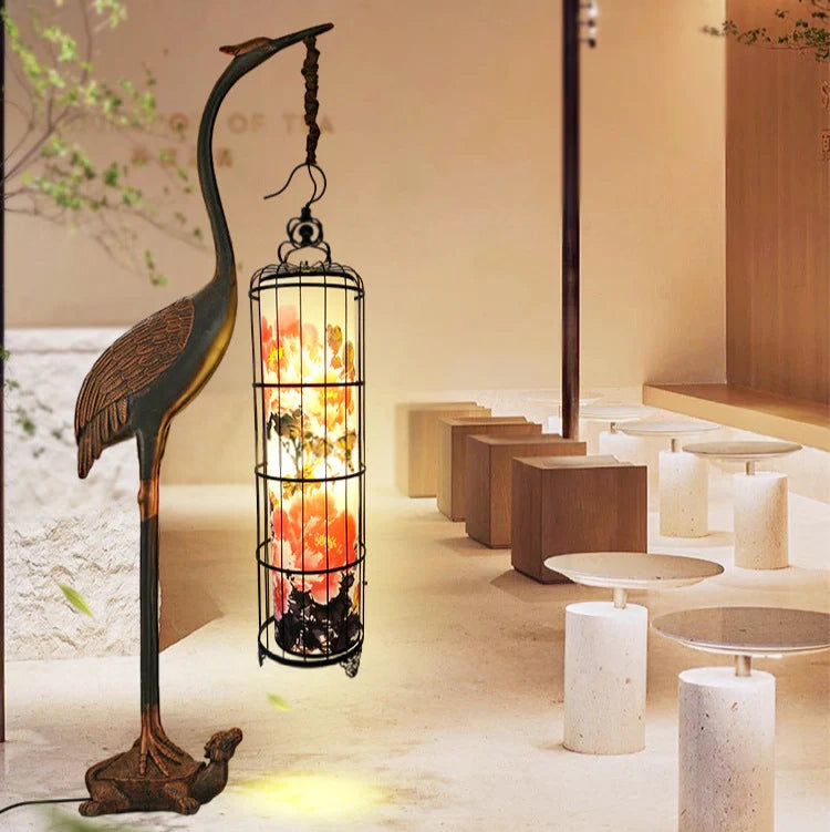 Aurora Arc™ – Oriental Zen Floor Lamp with Sculpted Birdcage Lantern
