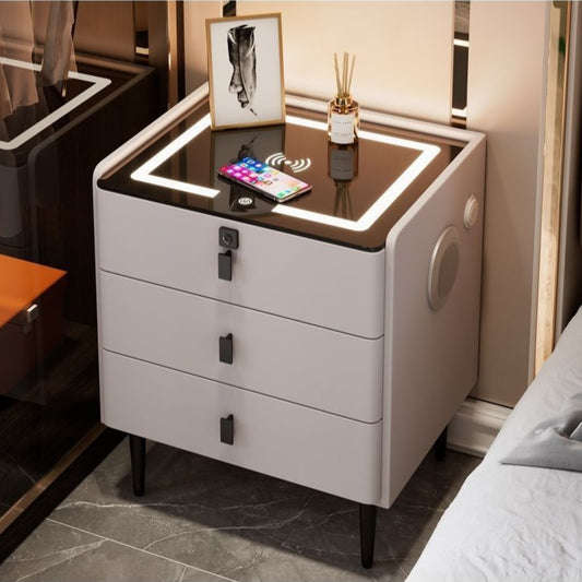 Aurora Arc™ – Premium Smart Wooden Nightstand with Wireless Charging, Fingerprint Lock & Bluetooth Speaker
