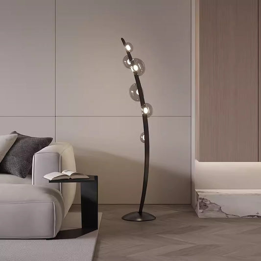 Aurora Arc™ – Nordic Sculptural Floor Lamp with Smoked Glass Orbs