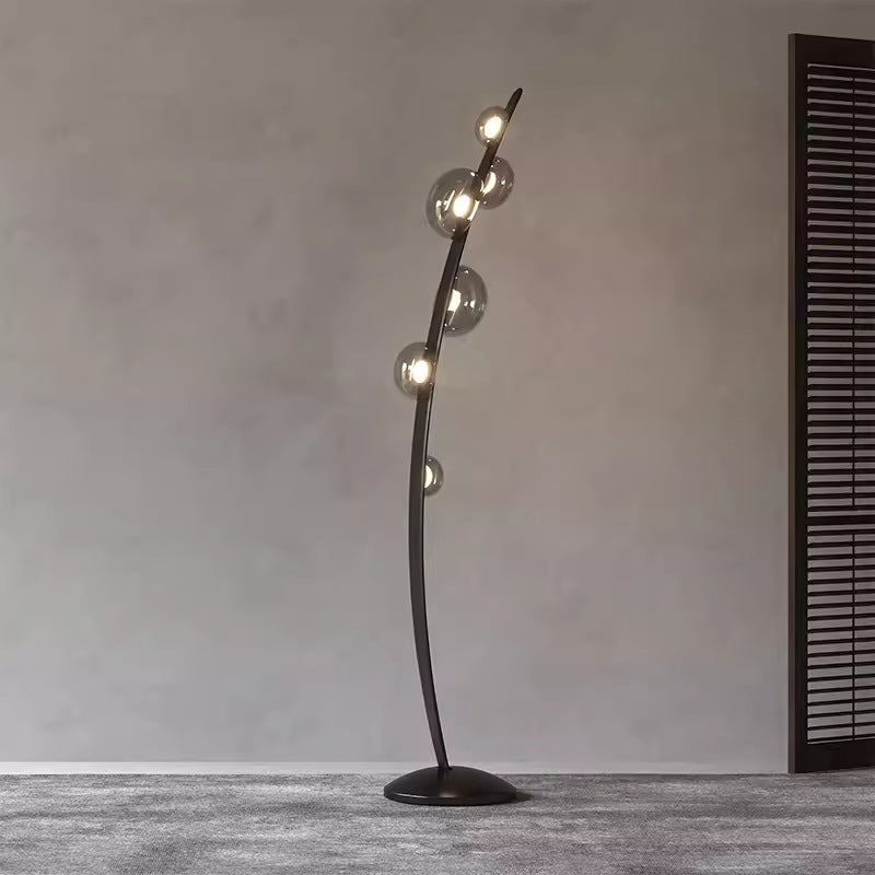 Aurora Arc™ – Nordic Sculptural Floor Lamp with Smoked Glass Orbs