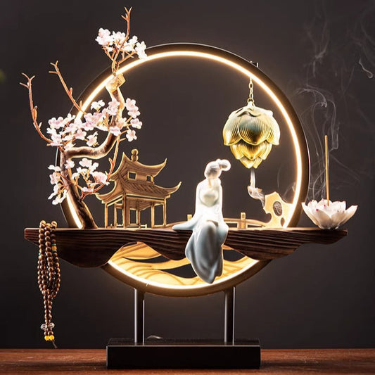 Kyushu™ – LED Backflow Incense Burner with Oriental Landscape Sculpture