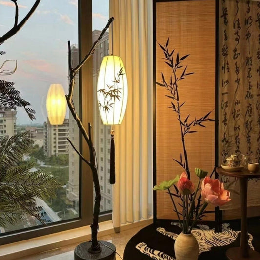 SeraphLight™ – 1.8m Oriental Floor Lamp with Fabric Lantern and Tree Branch Base