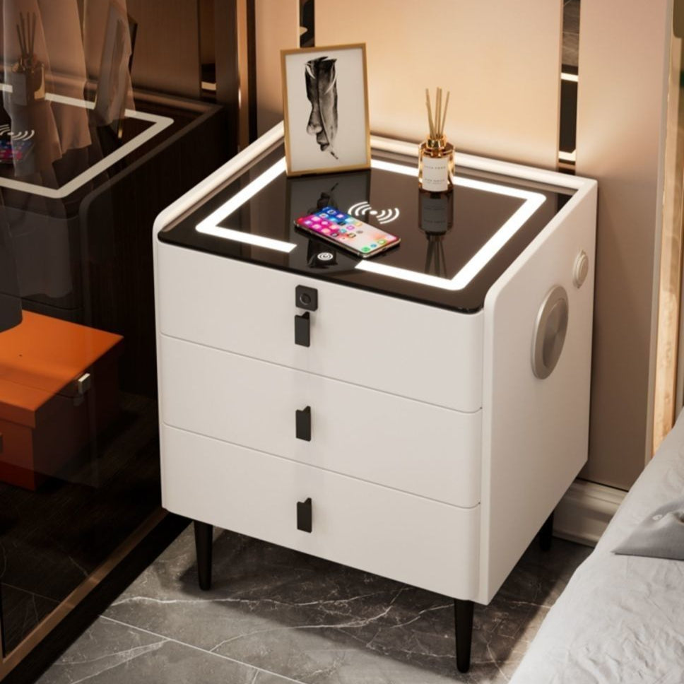 Aurora Arc™ – Premium Smart Wooden Nightstand with Wireless Charging, Fingerprint Lock & Bluetooth Speaker