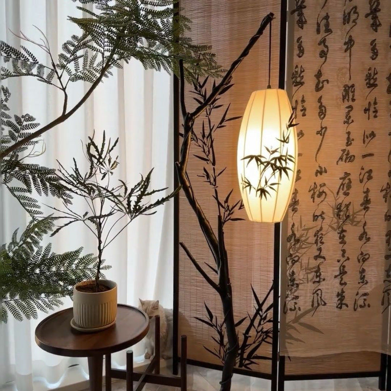SeraphLight™ – 1.8m Oriental Floor Lamp with Fabric Lantern and Tree Branch Base