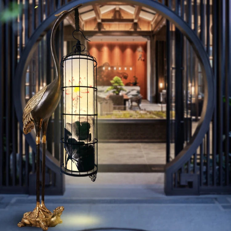 Aurora Arc™ – Oriental Zen Floor Lamp with Sculpted Birdcage Lantern