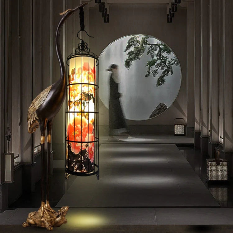 Aurora Arc™ – Oriental Zen Floor Lamp with Sculpted Birdcage Lantern