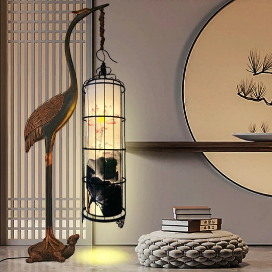 Aurora Arc™ – Oriental Zen Floor Lamp with Sculpted Birdcage Lantern